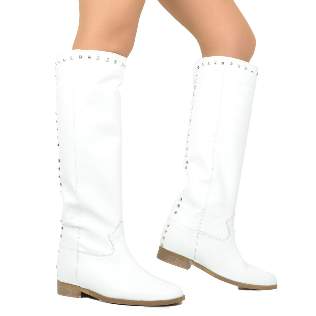 Women's White Leather Boots with Studs and Internal Wedge - 4