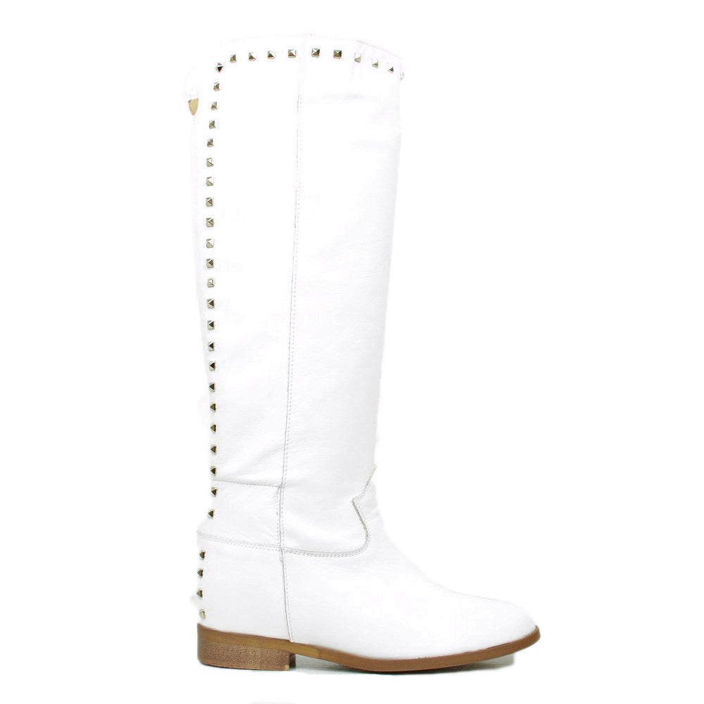 Women's White Leather Boots with Studs and Internal Wedge - 2