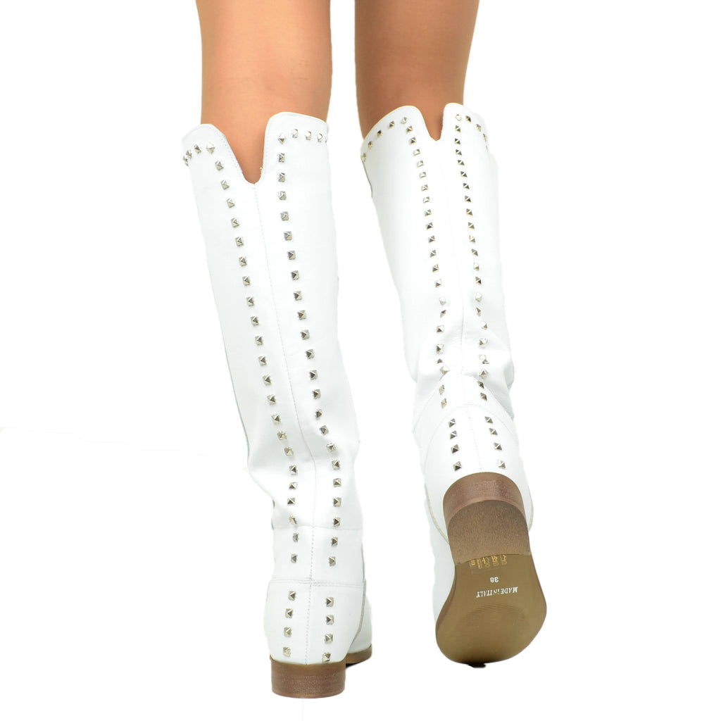 Women's White Leather Boots with Studs and Internal Wedge - 5