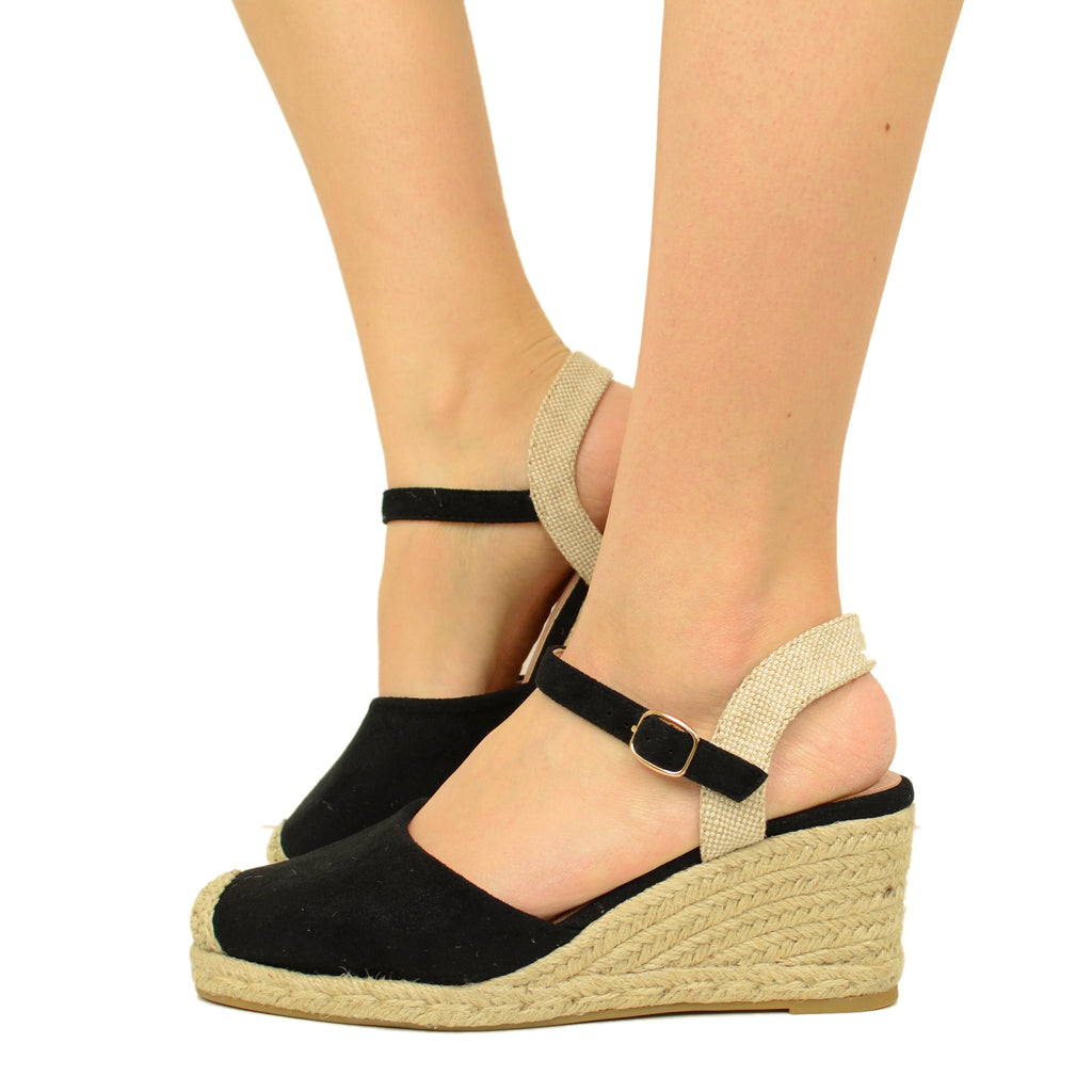 Black Women's Campesine with Suede Leatherette Rope Wedge