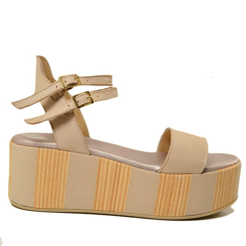 Women's Summer Sandals in Beige Leather Platform Made in Italy - 2