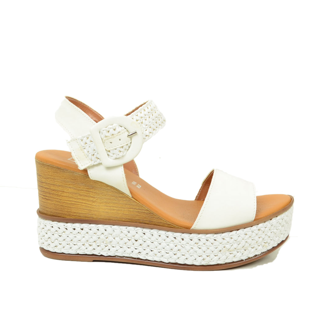 White Women's Sandals with Woven Wedge Made in Italy - 5
