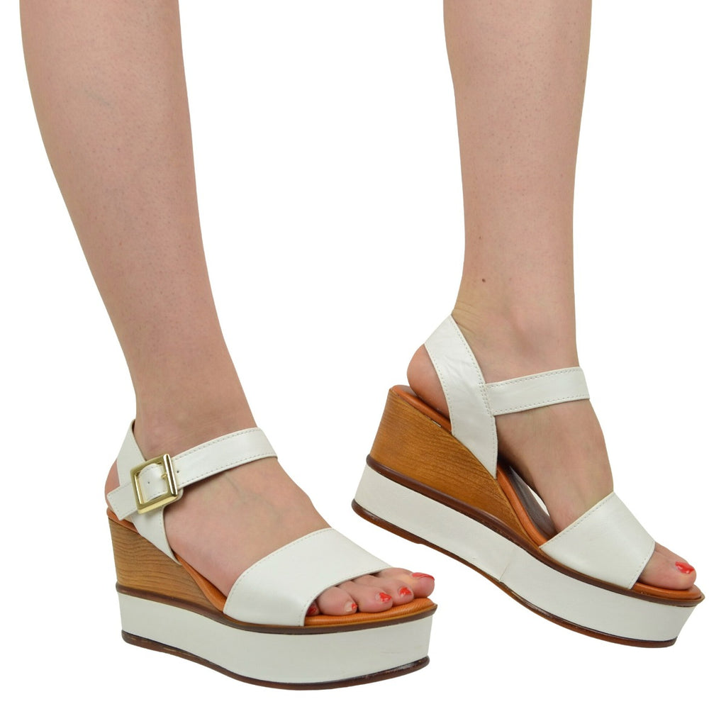 Women's Platform Sandals with White Leather Strap - 3