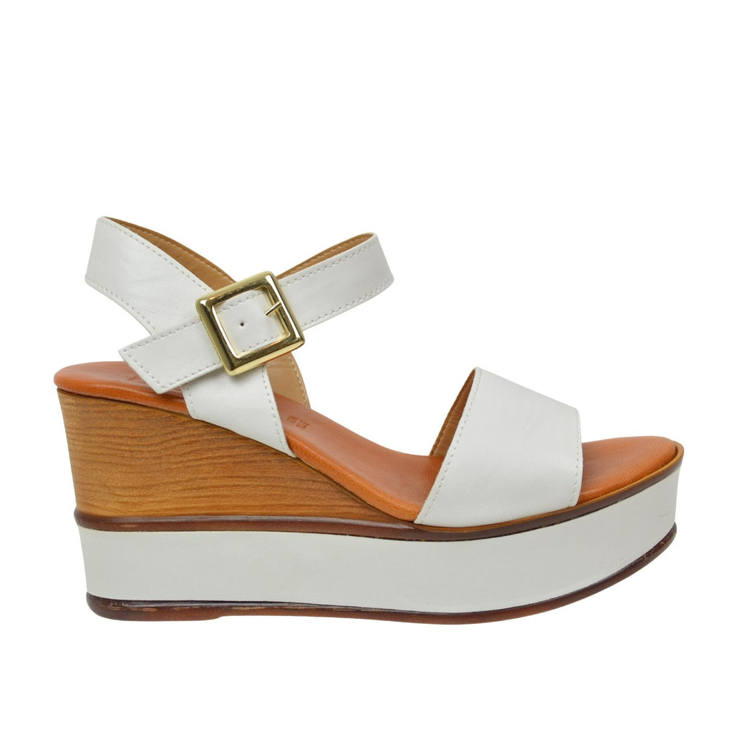 Women's Platform Sandals with White Leather Strap - 2