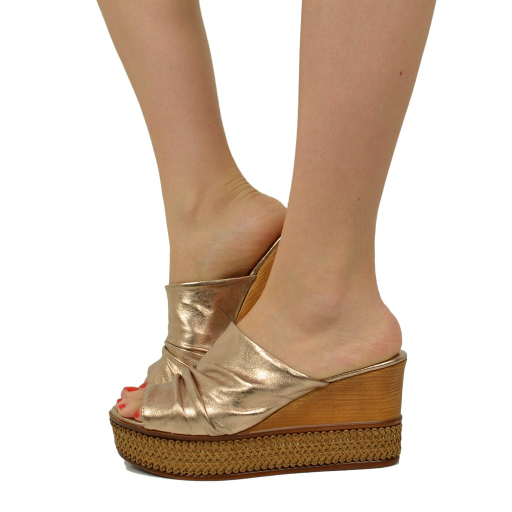 Women's Wedges in Taupe Laminated Leather with Plateau Made in Italy
