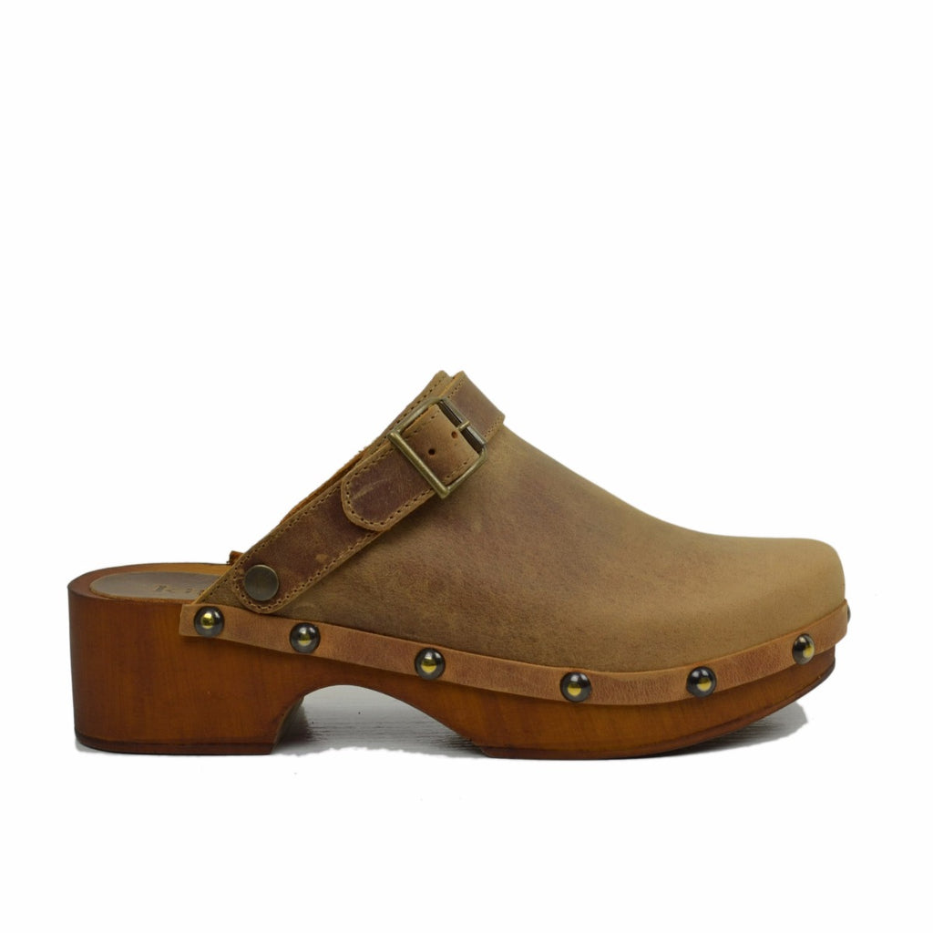 Damen-Clog aus geöltem Vintage-Kamelleder, hergestellt in Italien - 2