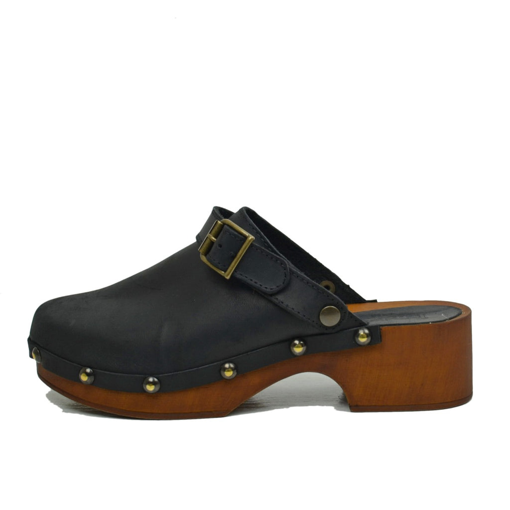 Women's Clogs in Black Oiled Leather Made in Italy - 2