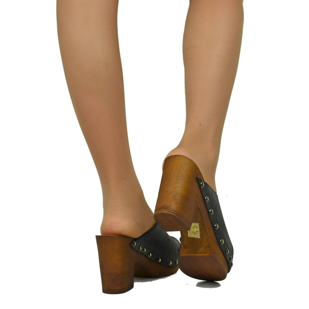 Damen-Clogs aus schwarzem geöltem Leder mit holzähnlichem Boden - 4